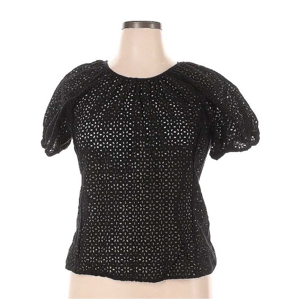 J.Crew Black Eyelet Puff Sleeve Tie Back Blouse Scoop Neck Top